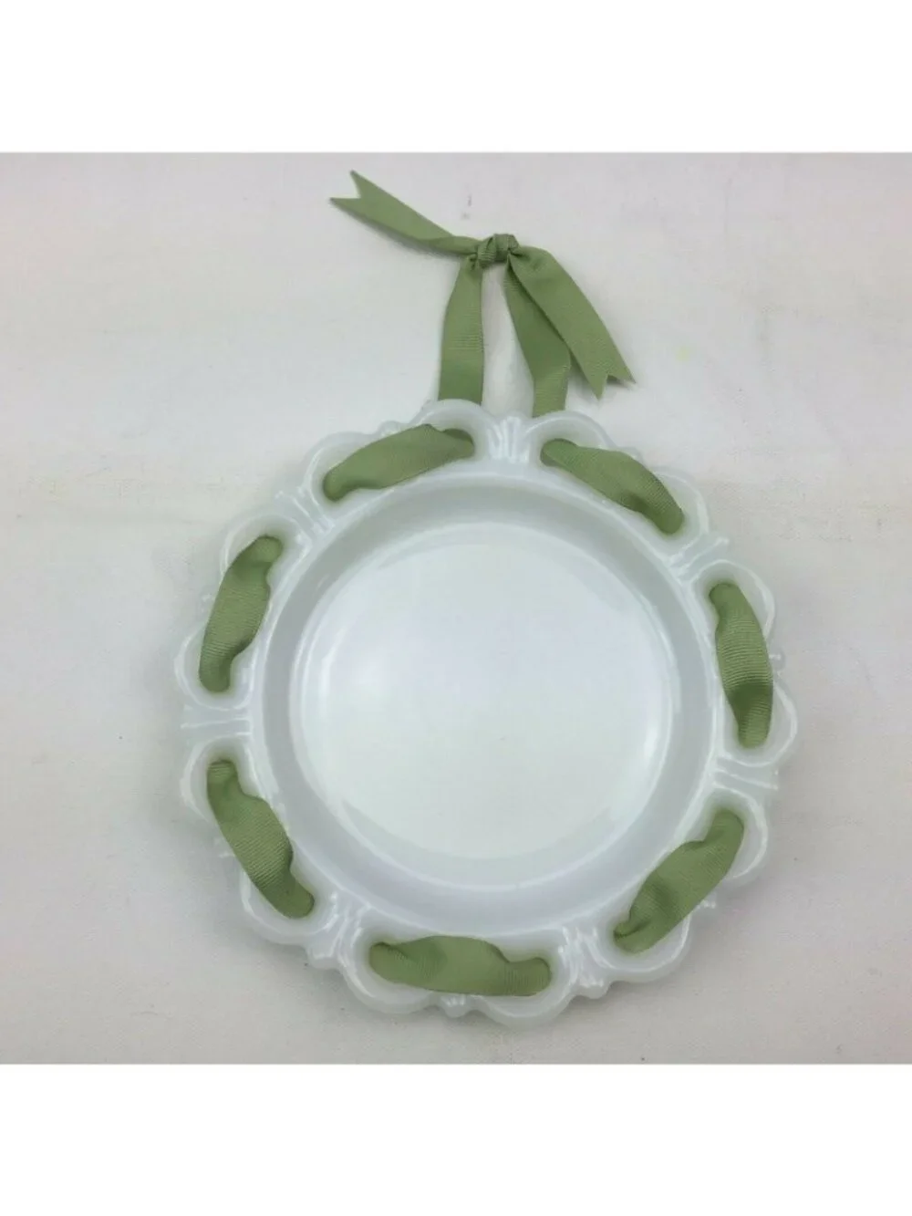 Vintage White Milk Glass Plates Green Ribbon Accents Set 3 Decor Hanging Plates